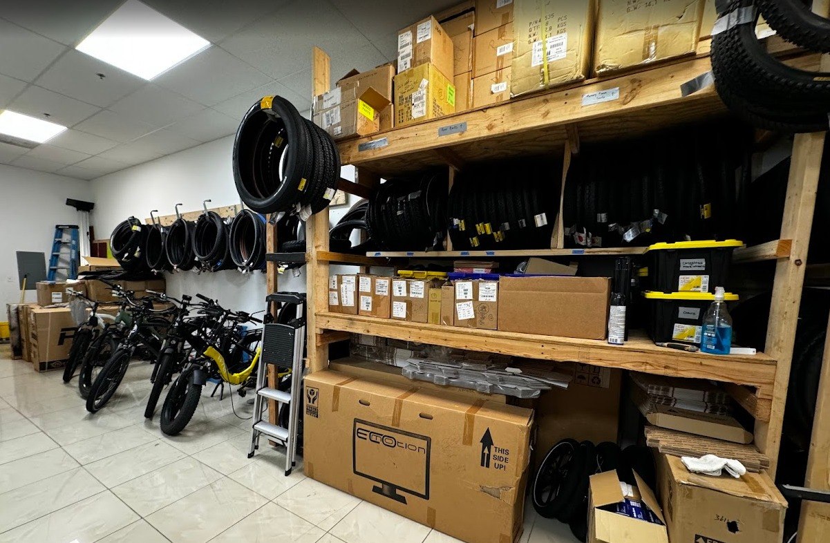 E-bike parts storage and boxed inventory detail